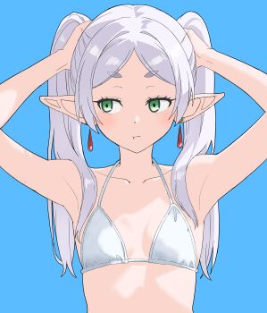 1girl :t absurdres alternate_costume armpits arms_up bikini blue_background breasts collarbone commentary_request earrings elf frieren green_eyes grey_hair halterneck hands_on_own_head highres jewelry long_hair matsuokalive10 parted_bangs pointy_ears sideways_glance simple_background small_breasts solo sousou_no_frieren string_bikini swimsuit teardrop_earrings thick_eyebrows twintails upper_body white_bikini