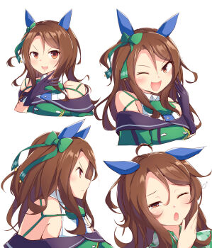 Rule 34 | 1girl, absurdres, animal ears, bare shoulders, black gloves, blush, bow, breasts, brown hair, closed mouth, coat, collarbone, commentary request, cropped torso, dress, ear bow, ear covers, ear ribbon, frown, gloves, green bow, green dress, highres, horse ears, horse girl, kanzakietc, king halo (king of emeralds) (umamusume), king halo (umamusume), looking at viewer, multiple views, off-shoulder coat, off-shoulder dress, off shoulder, one eye closed, open mouth, red eyes, simple background, smile, umamusume, white background, yawning