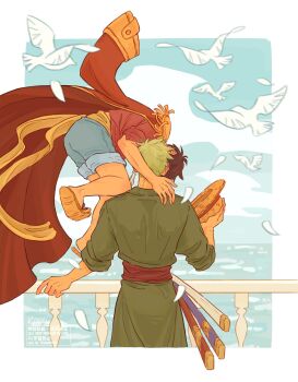 2boys bird black_hair blue_shorts blue_sky border cloud cloudy_sky coat coat_on_shoulders commentary_request earrings falling_feathers feathers from_behind green_hair hat highres holding holding_unworn_clothes holding_unworn_hat horizon imminent_kiss jewelry katana kouu_kunn male_focus monkey_d._luffy multiple_boys multiple_swords ocean one_piece outdoors red_coat red_shirt roronoa_zoro sandals sash sheath sheathed shirt short_hair shorts sky straw_hat sword unworn_hat unworn_headwear weapon white_bird white_border white_feathers yaoi