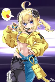 1girl absurdres bandeau black_mask blonde_hair blue_eyes blush breasts canari_(pokemon) canari_(pokemon)_(cosplay) cosplay criss-cross_straps curled_horns hand_on_own_hip highres hololive horns inokeiwd jacket large_breasts long_hair long_sleeves looking_at_viewer mask_pull navel nintendo pants pokemon pokemon_legends:_z-a smile solo sports_bra tsunomaki_watame twintails two-tone_mask two-tone_pants virtual_youtuber yellow_bandeau yellow_jacket yellow_mask yellow_sports_bra