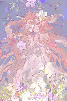 1girl bare_arms blue_background choker cowboy_shot cross cross_choker dot_nose dress flower flower_in_eye frilled_dress frills hair_flower hair_ornament halo hand_on_own_chest highres infinity_symbol long_dress long_hair orange_eyes orange_hair orange_halo original parted_lips purple_flower red_flower short_sleeves solo symbol_in_eye very_long_hair vihua6 watermark weibo_watermark white_choker white_dress white_flower