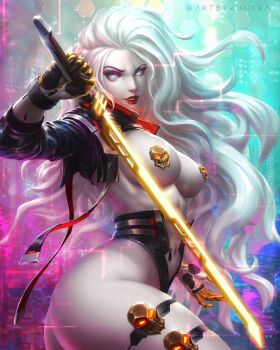 1girl ass black_jacket breasts clothing_cutout colored_skin comic_cover commentary cowboy_shot cropped_jacket cyberpunk english_commentary glowing glowing_sword glowing_weapon gold_gloves high-waist_panties highres holding holding_weapon jacket kunkka lady_death lady_death_(character) large_breasts long_hair looking_at_viewer midriff navel no_pupils official_alternate_costume official_art pinup_(style) red_lips revealing_clothes skull skull_pasties solo stomach_cutout twitter_username weapon white_hair white_skin zipper