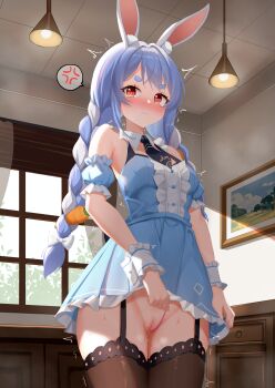 1girl absurdres anger_vein angry animal_ears blue_dress blue_hair blush breasts carrot_hair_ornament center_frills clenched_teeth day detached_sleeves dress egg_vibrator embarrassed female_masturbation food-themed_hair_ornament frilled_dress frills from_below frown garter_straps hair_between_eyes hair_ornament highres hip_focus hololive indoors looking_at_viewer looking_down masturbation multicolored_hair object_insertion orange_eyes parted_lips presenting pussy pussy_juice rabbit_ears rabbit_girl red_eyes sex_toy short_dress short_sleeves small_breasts solo standing streaked_hair tearing_up tears teeth thighhighs thighs trembling two-tone_hair usada_pekora vaginal vaginal_object_insertion vibrator vibrator_cord virtual_youtuber white_clover_(unfy8472) white_hair