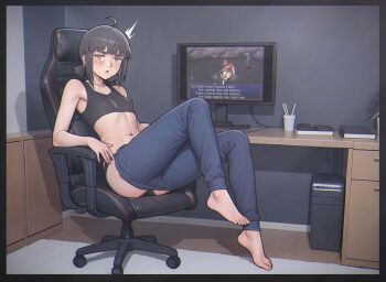1girl ^^^ ahoge armpit_peek ass barefoot black_border black_hair black_panties black_sports_bra blue_pants blush book border breasts brown_eyes carpet chair collarbone commentary computer computer_tower covered_erect_nipples denim desk dressing english_commentary feet gaming_chair gloomy_(leonzo) grey_carpet highres indoors jeans jitome leonzo looking_at_viewer medium_hair monitor navel on_chair open_mouth original panties pants pants_lift persona persona_2 plant potted_plant serizawa_ulala shadow sitting small_breasts solo sports_bra stomach swivel_chair thick_eyebrows toes tongue twintails underwear
