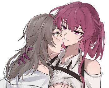 2girls blush clothes_lift clothing_cutout collared_shirt commentary_request eclair_yuri gloves grabbing_another's_breast grey_hair groping hand_in_another's_hair hickey highres honkai:_star_rail honkai_(series) kafka_(honkai:_star_rail) long_hair multiple_girls parted_lips purple_eyes purple_gloves purple_hair saliva saliva_trail shirt shirt_lift shoulder_cutout smile stelle_(honkai:_star_rail) trailblazer_(honkai:_star_rail) white_shirt yellow_eyes yuri