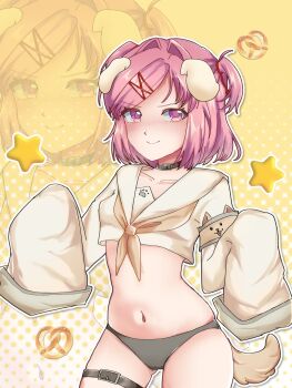 1girl absurdres animal_ears aqiu92652066 armband black_choker black_straps blush bob_cut breasts brown_armband brown_neckerchief brown_tail choker closed_mouth collarbone collared_shirt commentary cowboy_shot crop_top cropped_shirt dog_ears dog_girl dog_tail doki_doki_literature_club dress_shirt food gluteal_fold gradient_background grey_panties hair_intakes hair_ornament hair_ribbon halftone halftone_background hashtag-only_commentary highres looking_at_viewer midriff natsuki_(doki_doki_literature_club) naughty_face navel neckerchief no_pants nose_blush outline panties paw_print pink_eyes pink_hair pretzel red_ribbon ribbon school_uniform serafuku shirt short_hair sleeves_past_fingers sleeves_past_wrists small_breasts smile solo standing star_(symbol) swept_bangs tail thigh_gap thigh_strap two_side_up underwear v-shaped_eyebrows very_long_sleeves white_background white_outline white_shirt wide_sleeves x_hair_ornament yellow_background zoom_layer