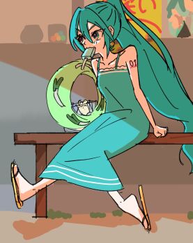 Rule 34 | 1girl, alternate hairstyle, aqua dress, aqua eyes, aqua hair, bare arms, bench, biting, breasts, collarbone, commentary request, dress, facing to the side, food, food in mouth, frills, hair between eyes, hatsune miku, highres, lifebuoy, long hair, meru 00224, number tattoo, ponytail, popsicle, popsicle in mouth, poster (object), sandals, shoulder tattoo, sitting, skinny, sleeveless, small breasts, snake mouth, solo, spring onion print, swim ring, tattoo, very long hair, vocaloid, wooden bench