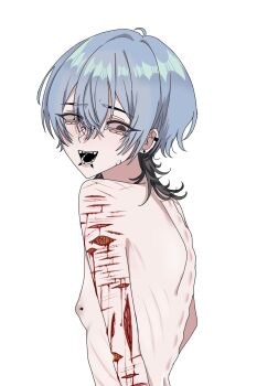1girl androgynous blood ear_piercing emaciated face_piercing guro highres mouth_piercing nipple_piercing nose_piercing original piercing reze_(soft_blade_and_love) self-harm_scar tomboy xiaoshanruix