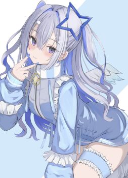 Rule 34 | 1girl, amane kanata, blue background, blue hair, blue halo, blue jacket, blue nails, closed mouth, cloud hair ornament, colored inner hair, cowboy shot, crossed bangs, double-parted bangs, fingernails, frilled thigh strap, grey hair, hair intakes, halo, hand up, hashtag-only commentary, highres, hololive, jacket, long hair, looking at viewer, multicolored hair, purple eyes, sleeves past wrists, smile, solo, star halo, tamamorh, thigh strap, v, virtual youtuber, white wings, wings