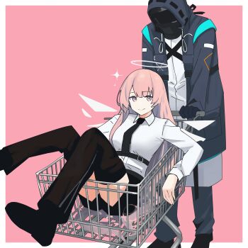 1girl 1other absurdres arknights black_coat black_gloves black_necktie black_shoes border closed_mouth coat collared_shirt commentary detached_wings doctor_(arknights) english_commentary gloves halo highres hood hood_up hooded_coat in_shopping_cart lemuen_(arknights) long_hair long_sleeves looking_at_viewer myticalcat necktie no_nose outside_border pink_background pink_eyes pink_hair shirt shoes shopping_cart simple_background smile sparkle standing traditional_halo white_border white_halo white_shirt wings