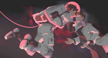 Rule 34 | 2boys, astronaut, black hair, censored, censored identity, floating, glowing, hand on another's neck, helmet, highres, kim dokja, limited palette, looking at another, male focus, multiple boys, nemomosso, omniscient reader's viewpoint, outstretched hand, pink light, short hair, space, space helmet, spacesuit, tether, underlighting, yoo joonghyuk