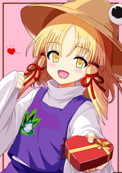 Rule 34 | 1girl, animal print, blonde hair, blush, box, brown hat, commentary request, frog print, hair ribbon, hat, heart, heart-shaped box, highres, holding, holding box, long sleeves, mist9801km, moriya suwako, open mouth, pink background, purple skirt, purple vest, red ribbon, ribbon, skirt, skirt set, smile, solo, touhou, valentine, vest, wide sleeves, yellow eyes