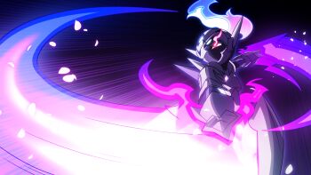 1other arm_blade armor breastplate ceruledge colored_skin cowboy_shot energy glowing glowing_eyes helmet highres hitodama leg_armor motion_lines nintendo outstretched_arms pauldrons plume pokemon pokemon_(creature) pokemon_move purple_background purple_helmet purple_skin red_eyes shoulder_armor solo sufferay swinging_weapon turning_head weapon