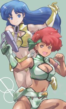 Rule 34 | 2girls, absurdres, bandana, belt, blue eyes, blue hair, cleavage cutout, clothing cutout, dirty pair, earrings, gloves, green background, headband, highres, jewelry, k katora, kei (dirty pair), multiple girls, navel, red eyes, red hair, shirt, short hair, shorts, single glove, sleeveless, sleeveless shirt, yuri (dirty pair)