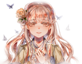 Rule 34 | 1girl, absurdres, black butterfly, blunt bangs, brown eyes, brown hair, bug, butterfly, chinese commentary, colored eyelashes, commentary request, dated, earrings, flower, hair bun, hair flower, hair ornament, hands on own chest, happy, highres, insect, jewelry, light particles, lipstick, long hair, long sidelocks, long sleeves, looking at viewer, makeup, miracle nikki, muriel miaoke, nikki (series), own hands together, parted lips, pink lips, purple hanfu, sidelocks, signature, simple background, single side bun, smile, solo, sphere earrings, straight-on, stunning beauty (miracle nikki), tareme, teeth, upper body, very long hair, wavy hair, white background, yellow flower, yellow sleeves