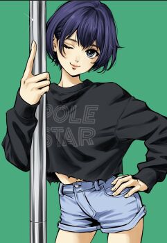 1girl black_sweater closed_mouth clothes_writing copyright_name cowboy_shot denim denim_shorts green_eyes grey_eyes hand_on_own_hip hand_up hashtag-only_commentary highres long_sleeves looking_at_viewer navel_peek non_(mangaka) one_eye_closed pole pole_star_(non) print_sweater purple_hair red_lips short_hair short_shorts shorts simple_background smile solo standing stripper_pole sweater torn_clothes torn_sweater
