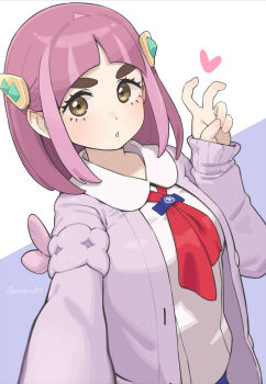 1girl breasts brown_eyes collared_shirt hair_ornament hand_up heart jacket lacey_(pokemon) looking_at_viewer neckerchief nintendo omaru_gyuunyuu open_clothes open_jacket outstretched_arm pink_hair pink_jacket pokemon pokemon_sv puckered_lips red_neckerchief selfie shirt sidelocks small_breasts solo thick_eyebrows twitter_username upper_body v white_shirt