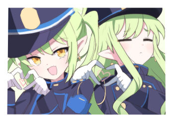 2girls :< :d absurdres armband blue_archive blue_armband blue_hat blue_jacket border closed_eyes closed_mouth commentary earrings fang four-finger_heart_hands gloves green_hair hat heart heart_hands highres hikari_(blue_archive) jacket jewelry long_hair long_sleeves looking_at_viewer masakamea multiple_girls nozomi_(blue_archive) open_mouth pointy_ears portrait siblings sidelocks simple_background sisters skin_fang smile twins twintails white_border white_gloves yellow_eyes