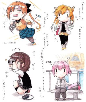 4girls abukuma_(kancolle) ahoge akigumo_(comiket)_(kancolle) akigumo_(kancolle) akigumo_kai_ni_(comiket)_(kancolle) akigumo_kai_ni_(kancolle) bag bench brown_hair camera chibi closed_eyes cold_pack commentary_request double_bun hair_bun hair_flaps highres holding holding_camera jacket kantai_collection long_hair multiple_girls on_one_knee open_mouth orange_eyes pink_hair poipoi_purin ponytail running shigure_(kancolle) shigure_(saury_festival)_(kancolle) shiranui_(autumn)_(kancolle) shiranui_(kancolle) sitting skirt smile sparkle tablet_pc tears translation_request
