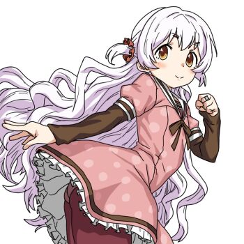 1girl :> arm_up ass black_sleeves blush clenched_hand clothes_lift dress flat_chest frilled_skirt frills from_side hair_tie jewelry loli long_hair long_sleeves looking_at_viewer looking_to_the_side mahou_shoujo_madoka_magica momoe_nagisa pale_skin panties panties_under_pantyhose pantyhose patterned_clothing pink_dress polka_dot ponytail puffy_short_sleeves puffy_sleeves red_pantyhose ring shadow short_sleeves side_ponytail simple_background skirt skirt_lift smile solo standing underwear upskirt usavivi777 very_long_hair white_background white_hair yellow_eyes
