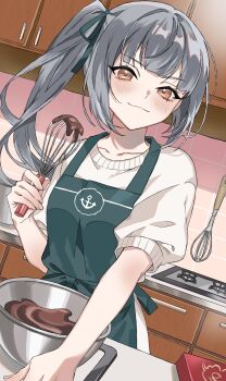 Rule 34 | 1girl, :3, alternate costume, apron, blush, box, brown eyes, chocolate, chocolate making, commentary request, counter, dutch angle, green apron, green ribbon, grey hair, hair ribbon, highres, holding, holding whisk, kantai collection, kasumi (kancolle), looking at viewer, medium hair, mixing bowl, ribbon, side ponytail, solo, stove, sweater, upper body, whisk, white sweater, yakizakana (sakana u u)