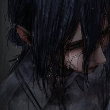 1girl aiomita black_hair chainsaw_man collared_shirt expressionless from_above green_eyes hair_between_eyes hair_bun highres reze_(chainsaw_man) shirt sidelocks solo upper_body water water_drop wet white_shirt