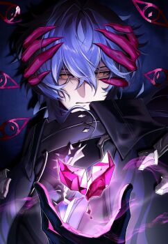 1boy absurdres bags_under_eyes black_gloves claws flins_(genshin_impact) frown genshin_impact gloves hand_on_another&#039;s_head hand_up heart highres messy_hair no_pupils rerir_(genshin_impact) watermark yellow_eyes yvalshka