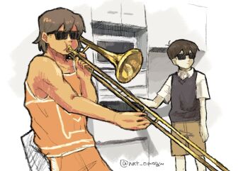 2boys antenna_hair artist_name black_hair black_sweater_vest brown_hair brown_shorts closed_mouth collarbone collared_shirt dark-skinned_male dark_skin double-parted_bangs hair_between_eyes holding holding_instrument holding_trombone instrument kel_(faraway)_(omori) kel_(omori) male_focus meme microwave multiple_boys nat_omogu omori orange_shorts shirt short_hair short_sleeves shorts sunglasses sunny_(omori) sweater_vest trombone twitter_username when_mama_isn't_home_(meme) white_shirt
