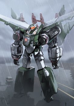 assault_visor autobot dreadrock glowing highres mecha mecha_focus no_humans prog_ares rain robot science_fiction solo standing transformers transformers_cybertron transformers_unicron_trilogy