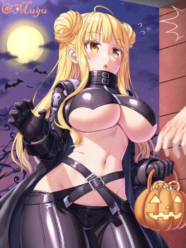 1girl :o ^^^ ahoge bat_(animal) beelstarmon beelstarmon_(cosplay) belt black_belt black_coat black_gloves black_pants black_vest blonde_hair breasts candy chinese_commentary cloud cloudy_sky coat commentary_request cosplay cowboy_shot cropped_vest date_a_live digimon double_bun fang flying_sweatdrops food full_moon gloves hair_bun halloween halloween_bucket halloween_costume highres holding hoshimiya_mukuro large_breasts leather leather_pants long_hair looking_at_another mixed-language_commentary moon navel night no_mask open_clothes open_coat open_mouth outdoors pants sidelocks skull_print sky solo_focus standing tight_clothes tight_pants tsubasaki underboob variant_set vest yellow_eyes zipper