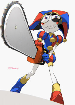 1girl asymmetrical_footwear asymmetrical_gloves black_hair blush_stickers chainsaw colored_skin constricted_pupils crazy crazy_eyes film_grain foreshortening gloves grin hat highres holding holding_chainsaw jester jester_cap legs_apart mismatched_footwear mismatched_gloves multicolored_eyes pointy_shoes pom_pom_(clothes) pomni_(the_amazing_digital_circus) puffy_short_sleeves puffy_sleeves sharp_teeth shoes short_sleeves simple_background smile solo sonokare standing sunrise_stance teeth the_amazing_digital_circus twitter_username uneven_eyes vertical-striped_bodysuit white_background white_skin wide-eyed