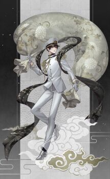 1boy absurdres aiguillette axis_powers_hetalia black_hair black_socks border buttons checkered_background cloud egasumi epaulettes floral_print gloves grey_border hair_between_eyes hand_up hat highres holding jacket japan_(hetalia) lips long_sleeves looking_at_viewer male_focus military military_hat military_jacket military_uniform npyon open_mouth outside_border pants peaked_cap seigaiha shoes short_hair smile socks solo standing standing_on_one_leg white_background white_gloves white_hat white_jacket white_pants white_shoes