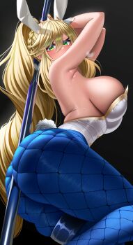 1girl animal_ears armpits arms_up artoria_pendragon_(fate) artoria_pendragon_(swimsuit_ruler)_(fate) ass backless_leotard bare_shoulders between_buttocks black_background blonde_hair blue_pantyhose blush braid breasts curvy fate/grand_order fate_(series) fishnets glint green_eyes heart heart-shaped_pupils high_ponytail highres large_breasts leotard looking_at_viewer luunamito pantyhose playboy_bunny pole ponytail rabbit_ears rabbit_tail sideboob solo stripper_pole sweat symbol-shaped_pupils tail tiara white_leotard