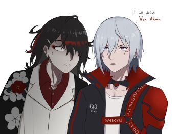 2boys black_hair black_jacket brown_eyes closed_mouth collarbone collared_shirt commentary dress_shirt english_commentary english_text floral_print fong_(fongthe0125) fulgur_ovid grey_eyes grey_hair hair_over_one_eye highres jacket male_focus multiple_boys nijisanji nijisanji_en parted_lips red_shirt shirt simple_background upper_body virtual_youtuber vox_akuma white_background white_jacket white_shirt wide-eyed