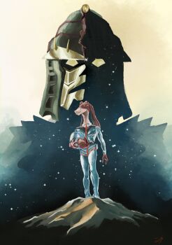 2boys alien amuro_ray amuro_ray_(cosplay) cosplay gundam helmet highres holding holding_unworn_helmet jar-jar_binks mechanization mobile_suit_gundam multiple_boys parody poster_parody pun raiconbruh rugor_nass rx-78-2_gundam signature space spacesuit star_wars star_wars:_the_phantom_menace unworn_headwear unworn_helmet