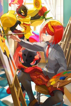 1girl absurdres armarouge armor art_brush black_pantyhose blonde_hair blue_eyes canvas_(object) charcadet colored_skin easel eye_trail fiery_hair fire flaming_eyes freckles green_eyes helmet highres holding holding_paint_palette holding_paintbrush indoors light_trail mela_(pokemon) modeling multicolored_hair nintendo orange_eyes orange_mikan paint paint_palette paintbrush painting_(action) painting_(object) pantyhose pokemon pokemon_(creature) pokemon_sv red_eyes red_hair school_uniform short_hair shorts shoulder_armor standing streaked_hair two-tone_hair window yellow_armor yellow_pupils