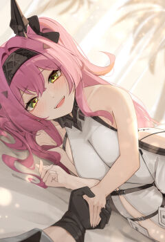 1boy 1girl absurdres bare_shoulders bed black_bow black_gloves blurry blurry_background bodysuit bow breasts collar commentary curtains fingernails gloves hair_bow hair_ornament hairband hand_grab headgear highres indoors large_breasts light_blush long_hair looking_at_viewer lupa_(wuthering_waves) lying male_rover_(wuthering_waves) metal_collar metal_hairband on_bed on_side opm7760 pink_hair pov pov_across_bed pov_hands red_pupils rover_(wuthering_waves) smile tacet_mark_(wuthering_waves) teeth upper_teeth_only white_bodysuit wuthering_waves yellow_eyes