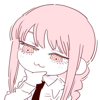 1girl :3 chainsaw_man chibi chibi_only closed_mouth collared_shirt deer60868637 hand_on_own_chin limited_palette long_hair long_sleeves makima_(chainsaw_man) necktie pink_hair ringed_eyes shirt sidelocks solo yellow_eyes