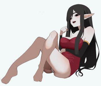 Rule 34 | 1girl, :d, anemoneeanemone, arm under breasts, ass, bare legs, bare shoulders, barefoot, black eyes, black hair, black sleeves, borrowed character, breasts, crossed legs, dress, feet, full body, highres, large breasts, legs, licorice (justadrian), long hair, long pointy ears, long sleeves, open mouth, original, pale skin, panties, pointy ears, reclining, red dress, short dress, sidelocks, simple background, smile, solo, strapless, strapless dress, underwear, very long hair, white background, white panties