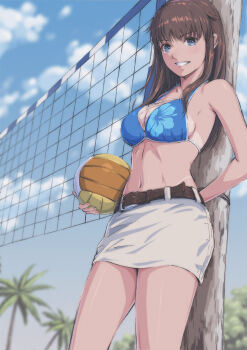 absurdres arm_behind_back ball belt bikini blue_bikini blue_eyes brown_belt brown_hair cross-laced_bikini cross-laced_clothes dead_or_alive dead_or_alive_xtreme grin halterneck highres hitomi_(doa) holding holding_ball long_hair looking_at_viewer sidelocks skirt smile swimsuit tan tanline tyanoki volleyball volleyball_net white_skirt