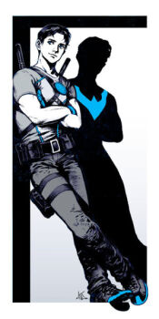 1boy agent_37 belt blue_eyes crossed_arms dc_comics dick_grayson escrima_stick gradient_background holster leaning male_focus monochrome nightwing shoes short_sleeves silhouette sneakers solo spot_color standing thigh_strap