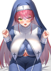 Rule 34 | 1girl, aa44, heterochromia, hololive, houshou marine, long hair, nun, open mouth, red eyes, red hair, simple background, sitting, smile, solo, yellow eyes