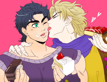 Rule 34 | 2boys, blonde hair, blue eyes, blue hair, cake, dio brando, food, food on face, jojo no kimyou na bouken, jonathan joestar, licking, male focus, multiple boys, nyorori