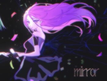 2girls alien_stage black_dress black_gloves closed_mouth commentary confetti crack cracked_glass dress english_commentary english_text floating_hair gloves goby_son green_hair half_gloves holding holding_microphone looking_to_the_side microphone mizi_(alien_stage) multiple_girls off-shoulder_dress off_shoulder pink_hair short_sleeves solo_focus song_name sua_(alien_stage) yellow_eyes