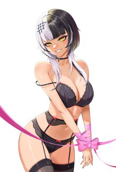 Rule 34 | 1girl, black bra, black choker, black hair, black nails, black panties, black thighhighs, bound, bound wrists, bra, breasts, choker, cleavage, garter belt, garter straps, grey hair, grin, hair ornament, highres, hololive, hololive english, large breasts, lingerie, looking at viewer, multicolored hair, panties, pink ribbon, ribbon, shiori novella, simonz1987, simple background, smile, solo, split-color hair, thighhighs, two-tone hair, underwear, underwear only, virtual youtuber, white background, yellow eyes