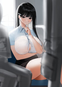 1girl absurdres arm_under_breasts bare_legs black_hair black_skirt blush breasts button_gap cleavage commentary hee_(user_ykux4248) highres index_finger_raised korean_commentary light_smile long_hair looking_at_viewer miniskirt original pencil_skirt people shirt short_sleeves sitting skirt solo_focus straight_hair train_interior white_shirt