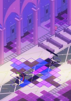 2girls artist_name artist_self-insert bench black_coat boots chibi coat commentary crona_(soul_eater) from_above health_bar highres holding holding_scythe holding_weapon indoors isometric lv5plant maka_albarn multiple_girls purple_hair scythe soul_eater weapon