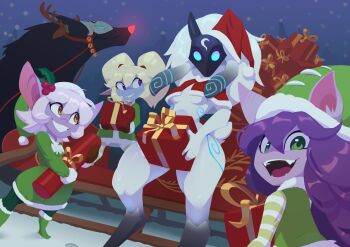 4girls :d blonde_hair blue_skin breasts christmas christmas_present colored_skin commentary cosplay dress english_commentary gift green_dress green_eyes grin hat highres huffslove kindred_(league_of_legends) lamb_(league_of_legends) league_of_legends looking_at_viewer lulu_(league_of_legends) mask medium_breasts multiple_girls open_mouth poppy_(league_of_legends) purple_skin rudolph_the_red_nosed_reindeer rudolph_the_red_nosed_reindeer_(cosplay) santa_costume santa_dress santa_hat smile snow tristana_(league_of_legends) twintails wide_hips wolf_(league_of_legends) yordle