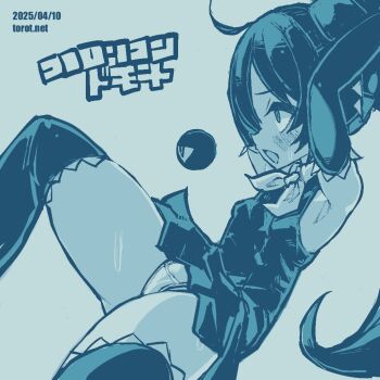 1girl ahoge armpits arms_up backbeako_(torotei) backbeard blue_background blue_theme blush breasts commentary constricted_pupils dated dated_commentary dress elbow_gloves from_side gegege_no_kitarou gloves hair_over_one_eye hair_ribbon knee_up kono_lolicon_domome loli long_hair looking_ahead monochrome neckerchief open_mouth original paid_reward_available panties pantyshot pear-shaped_figure pointy_ears profile ribbon simple_background skindentation sleeveless sleeveless_dress small_breasts solo sweat thighhighs torotei translated twintails underwear very_long_hair watermark web_address