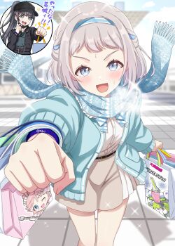 2girls absurdres amaya_tsubame bag blue_cardigan blue_eyes blue_hairband blue_ribbon blue_scarf blurry blurry_background blush braid cardigan clenched_hand comiket commentary_request crouching_start gakuen_idolmaster grey_hair hair_ribbon hairband highres holding holding_bag idolmaster incoming_fist_bump katsuragi_lilja long_sleeves looking_at_viewer multiple_girls open_cardigan open_clothes open_mouth outdoors ribbon scarf shirt short_hair skirt sparkle tokyo_big_sight white_shirt wristband